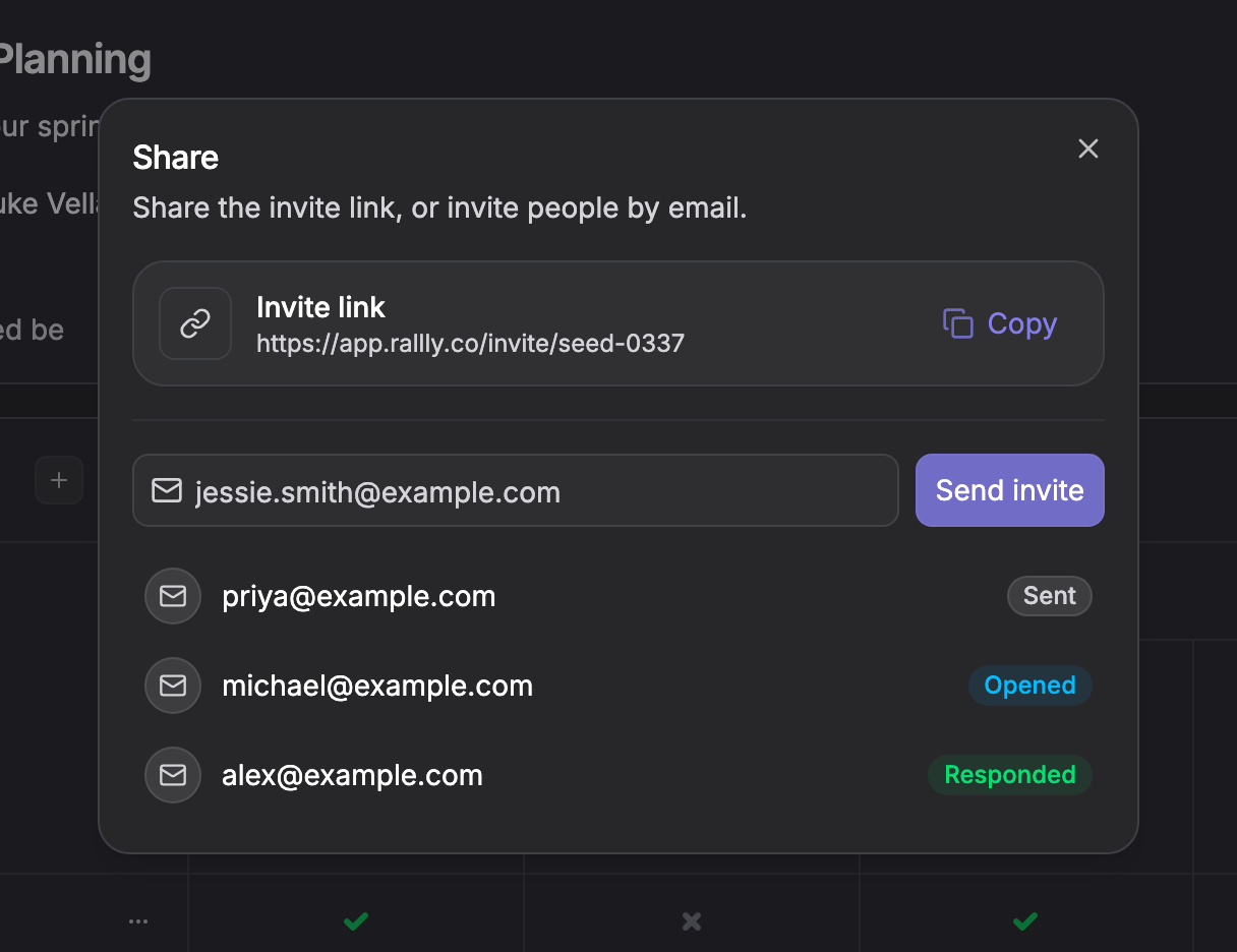 The Share dialog with an invite link, an email field and three invited people marked Sent, Opened and Responded